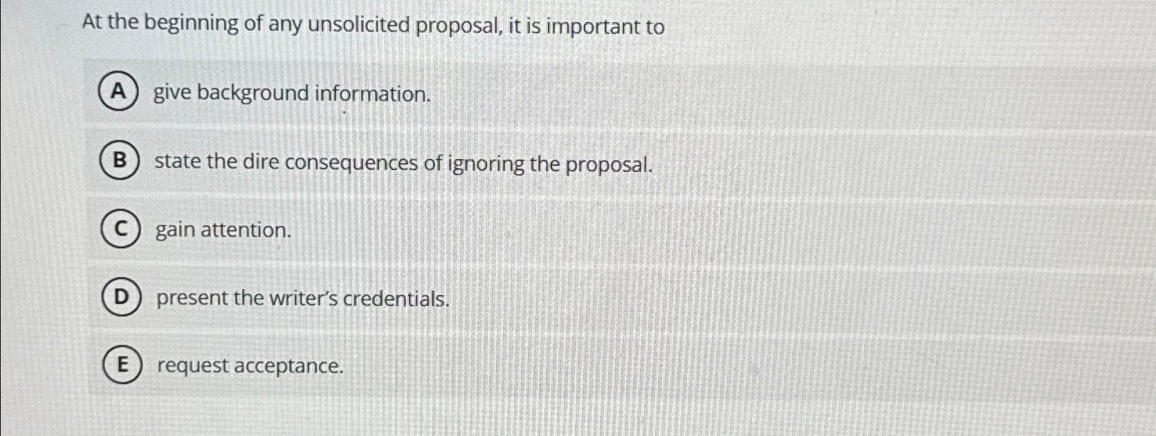 Solved At the beginning of any unsolicited proposal, it is | Chegg.com
