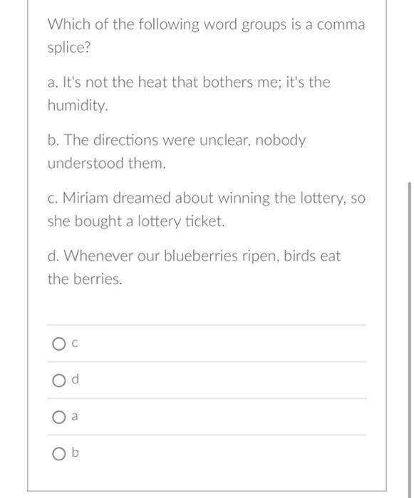 Solved Which Of The Following Word Groups Is A Comma Splice Chegg