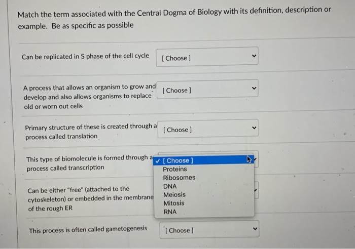 Solved Match the term associated with the Central Dogma of | Chegg.com