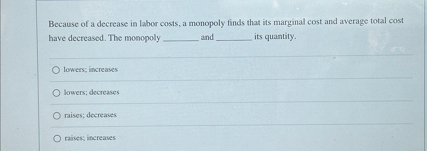 Solved Because of a decrease in labor costs, a monopoly | Chegg.com