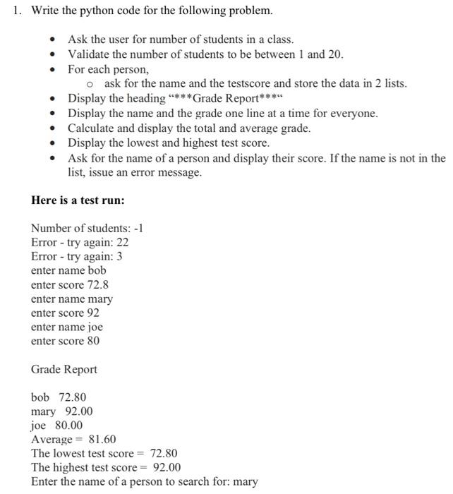 Solved 1. Write the python code for the following problem. - | Chegg.com