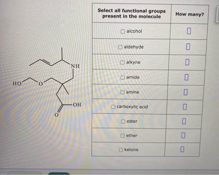 Solved Select all functional groups present in the molecule | Chegg.com