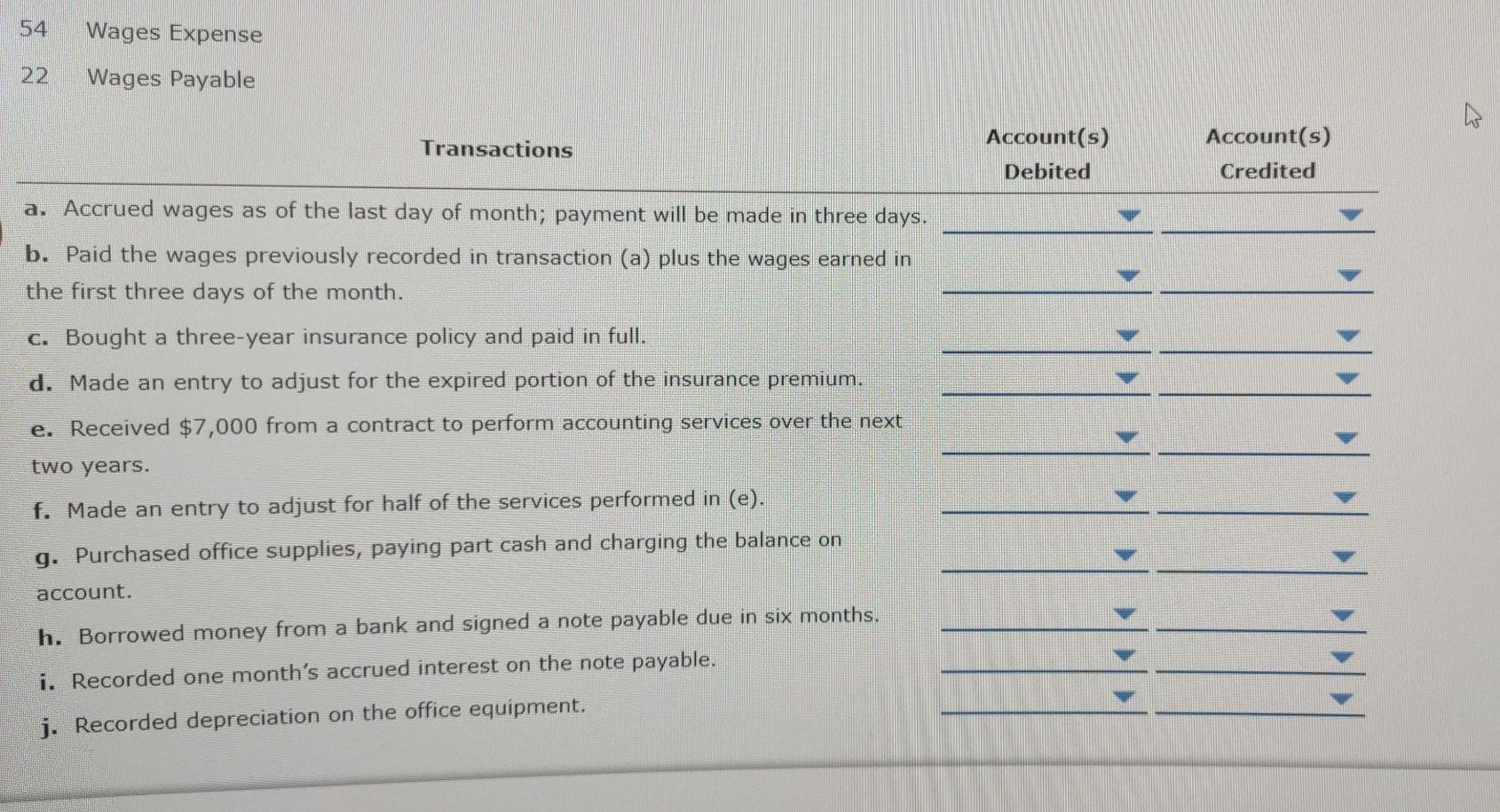 Solved Accounts to use for transactions (a) through (j),