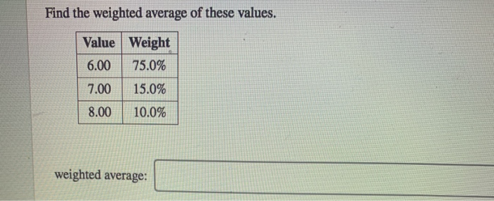 Solved Find the weighted average of these values. Value | Chegg.com