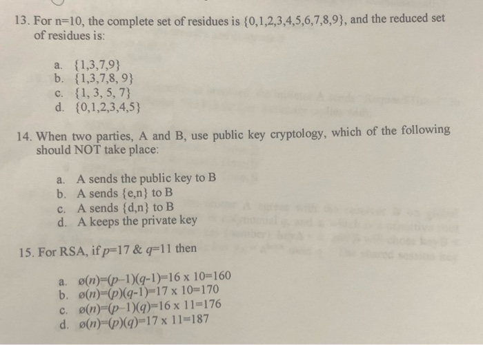 Solved 13 For N 10 The Complete Set Of Residues Is 0 1 Chegg Com