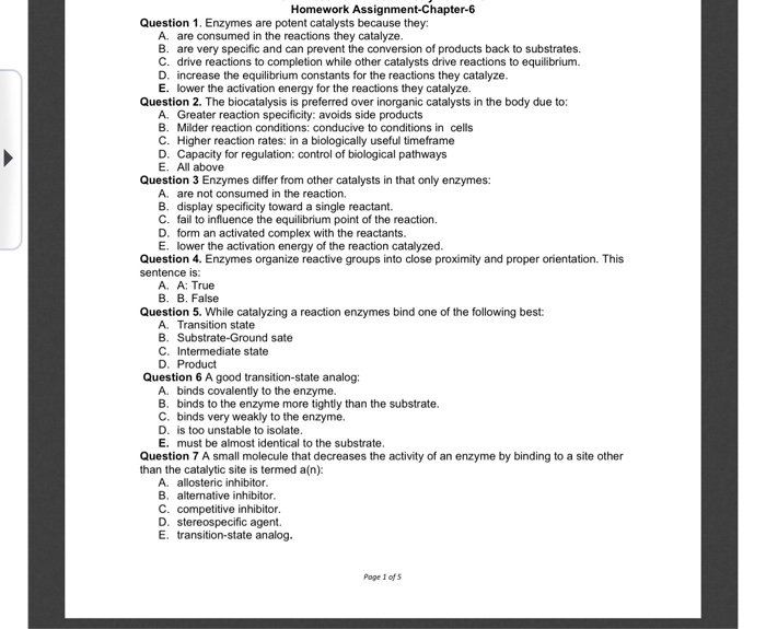 Solved Homework Assignment-Chapter-6 Question 1. Enzymes are | Chegg.com