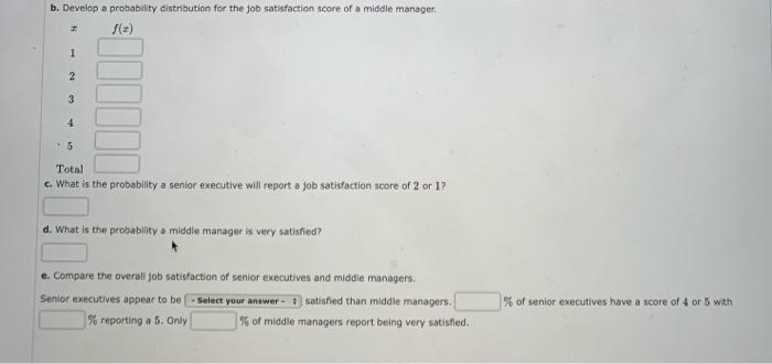 b. Develop a probability distnoution for the job satisfaction score of a middle manaper.
c. What is the probability a senior 