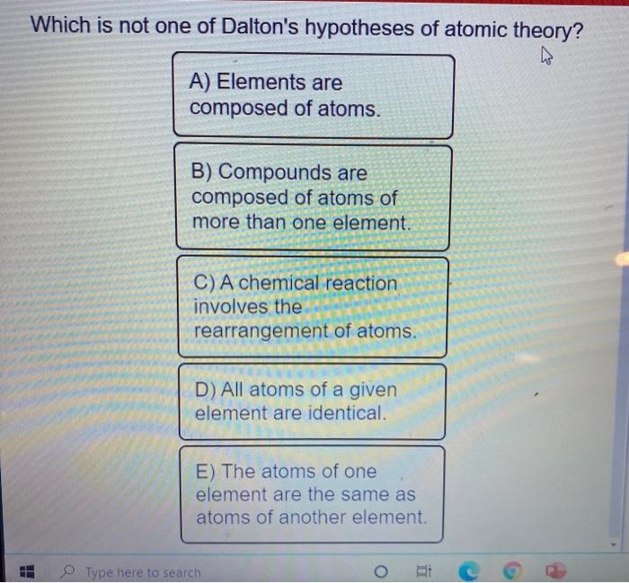 Solved Which Is Not One Of Dalton S Hypotheses Of Atomic Chegg Com