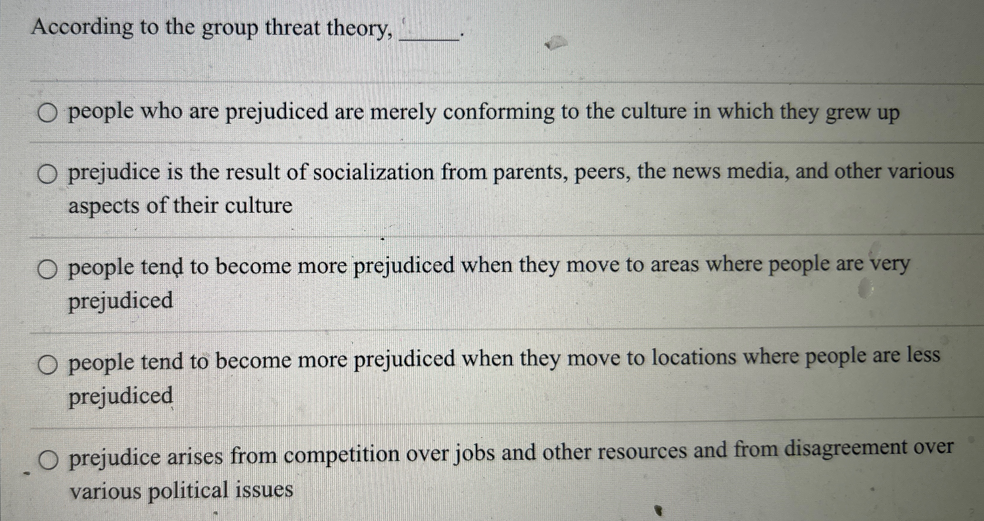 Solved According to the group threat theory, q,people who | Chegg.com