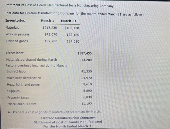 Solved Statement of Cost of Goods Manufactured for a | Chegg.com