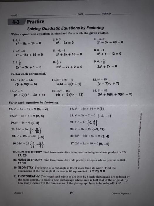 Solved NAME DATE PERIOD 4-3 Practice Solving Quadratic | Chegg.com