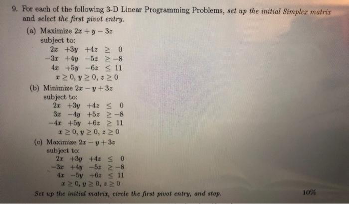 Solved 9. For each of the following 3-D Linear Programming | Chegg.com
