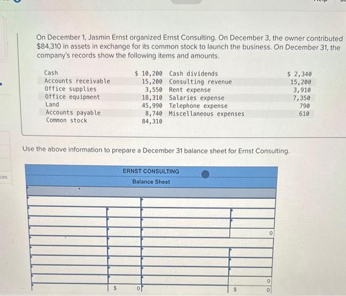 Solved On December 1, Jasmin Ernst organized Ernst | Chegg.com