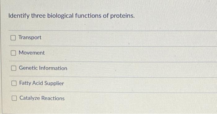 Solved Identify three biological functions of proteins. | Chegg.com