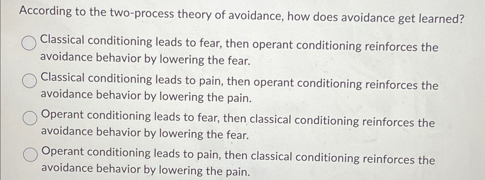 Solved According to the two-process theory of avoidance, how | Chegg.com