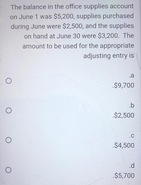 Solved The balance in the office supplies account on June 1