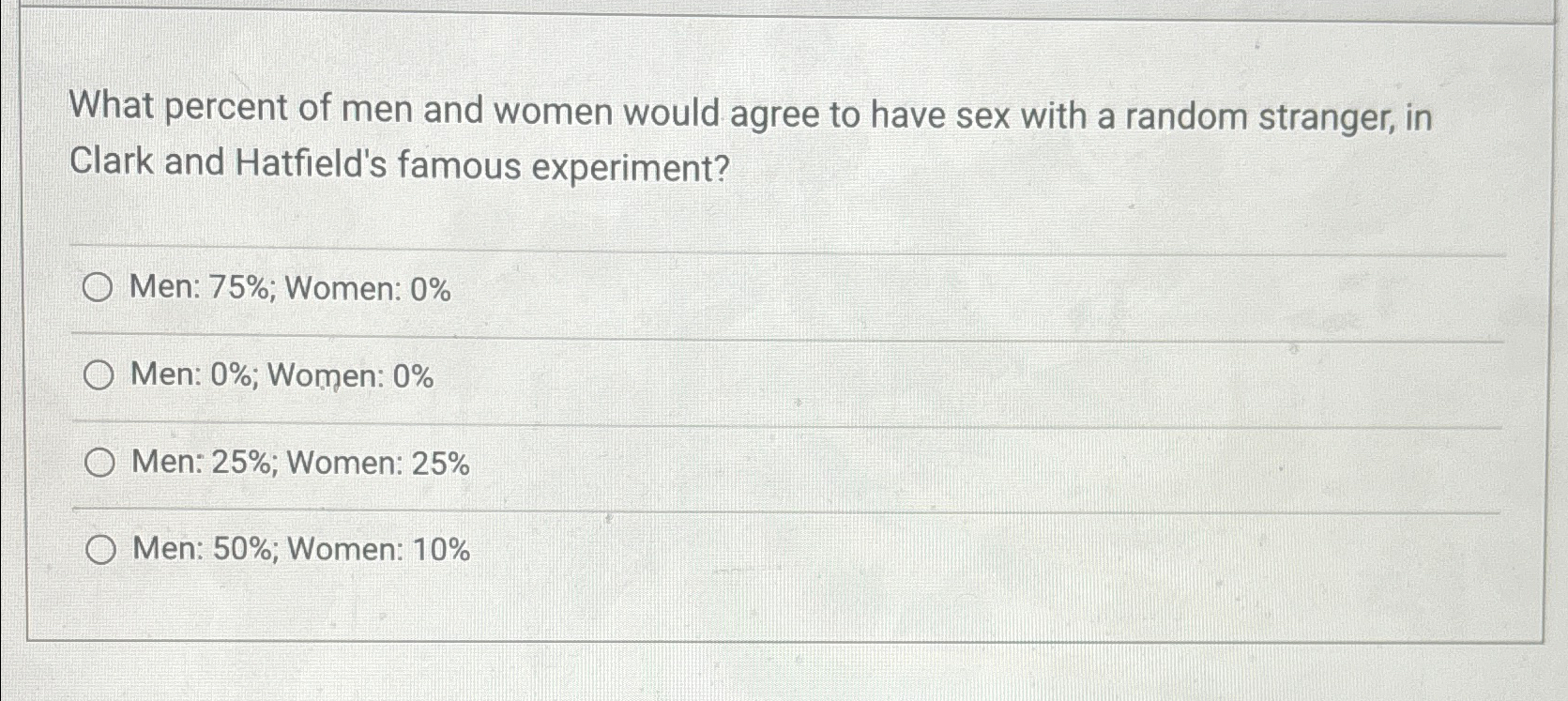 Solved What percent of men and women would agree to have sex | Chegg.com