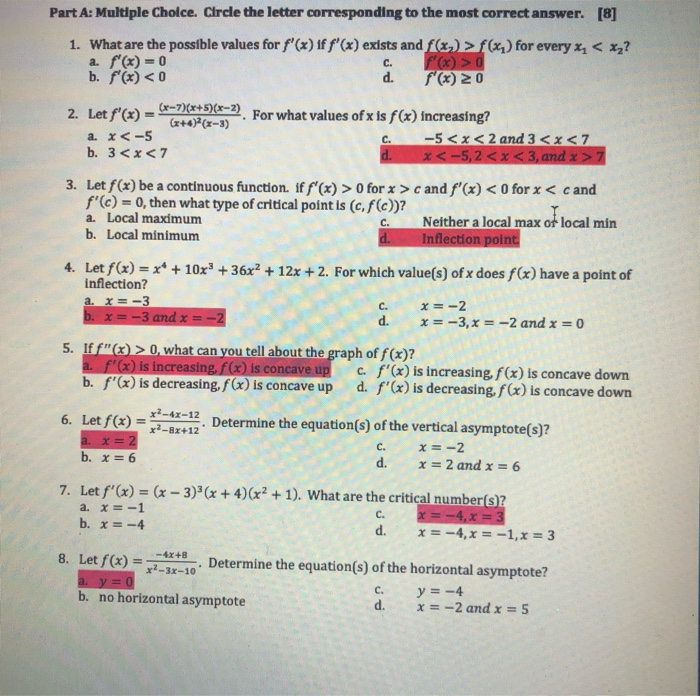 Solved Part A Multiple Choice Circle The Letter Corresp Chegg Com