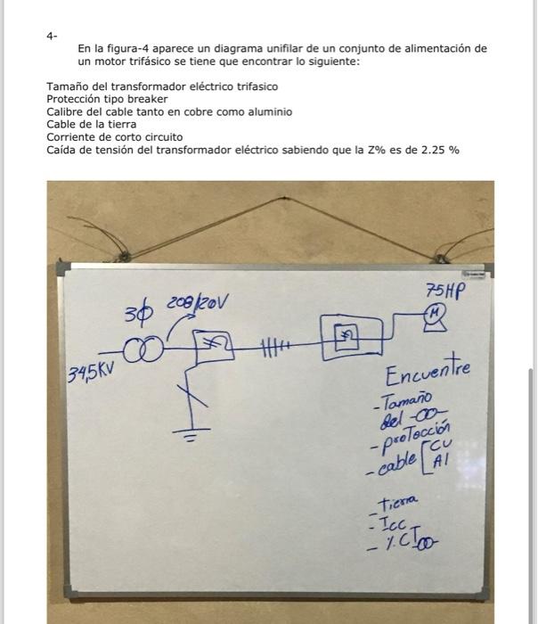 4En la figura-4 aparece un diagrama unifilar de un conjunto de alimentación de un motor trifásico se tiene que encontrar lo s