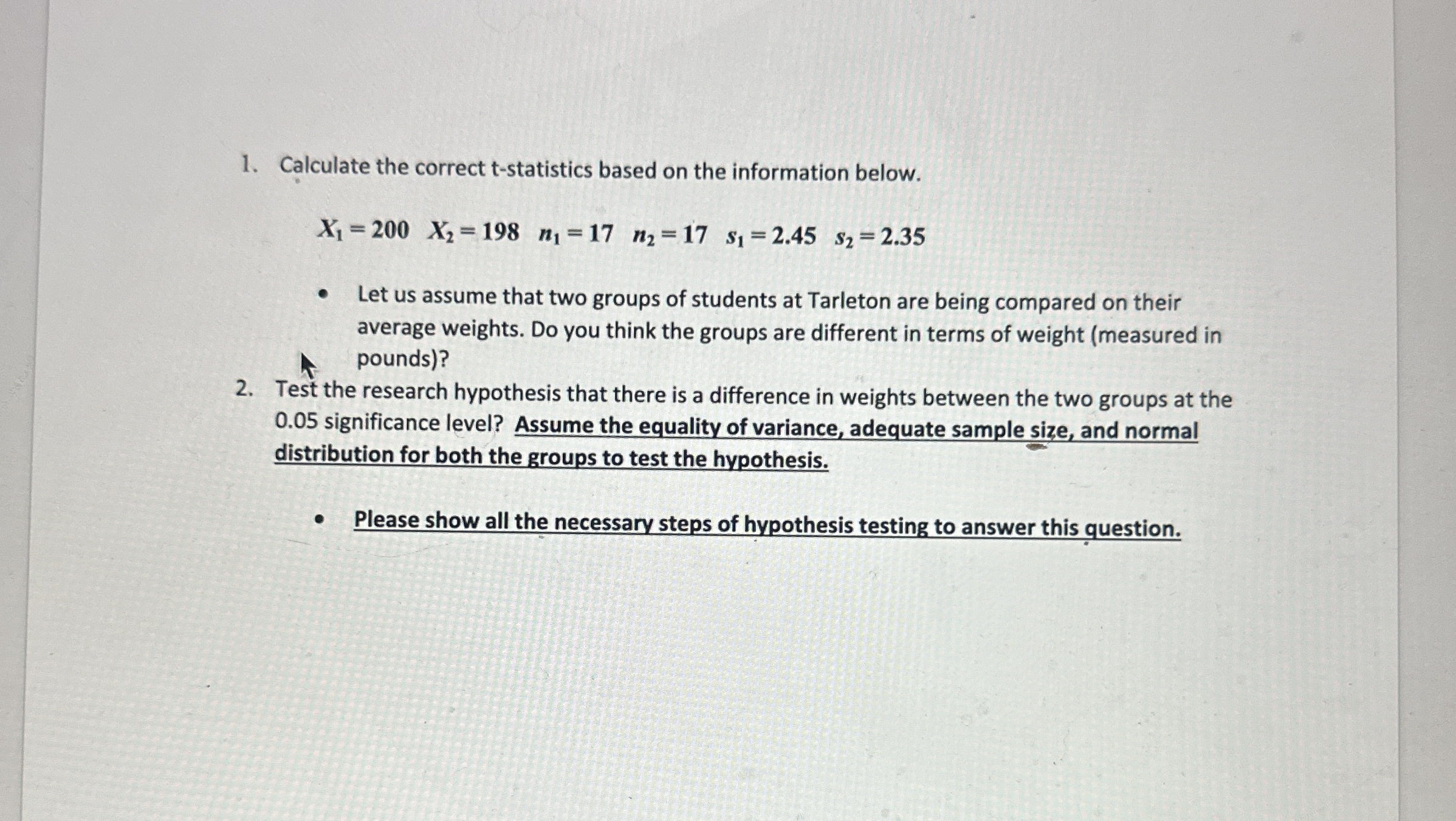 Solved Calculate the correct t-statistics based on the | Chegg.com