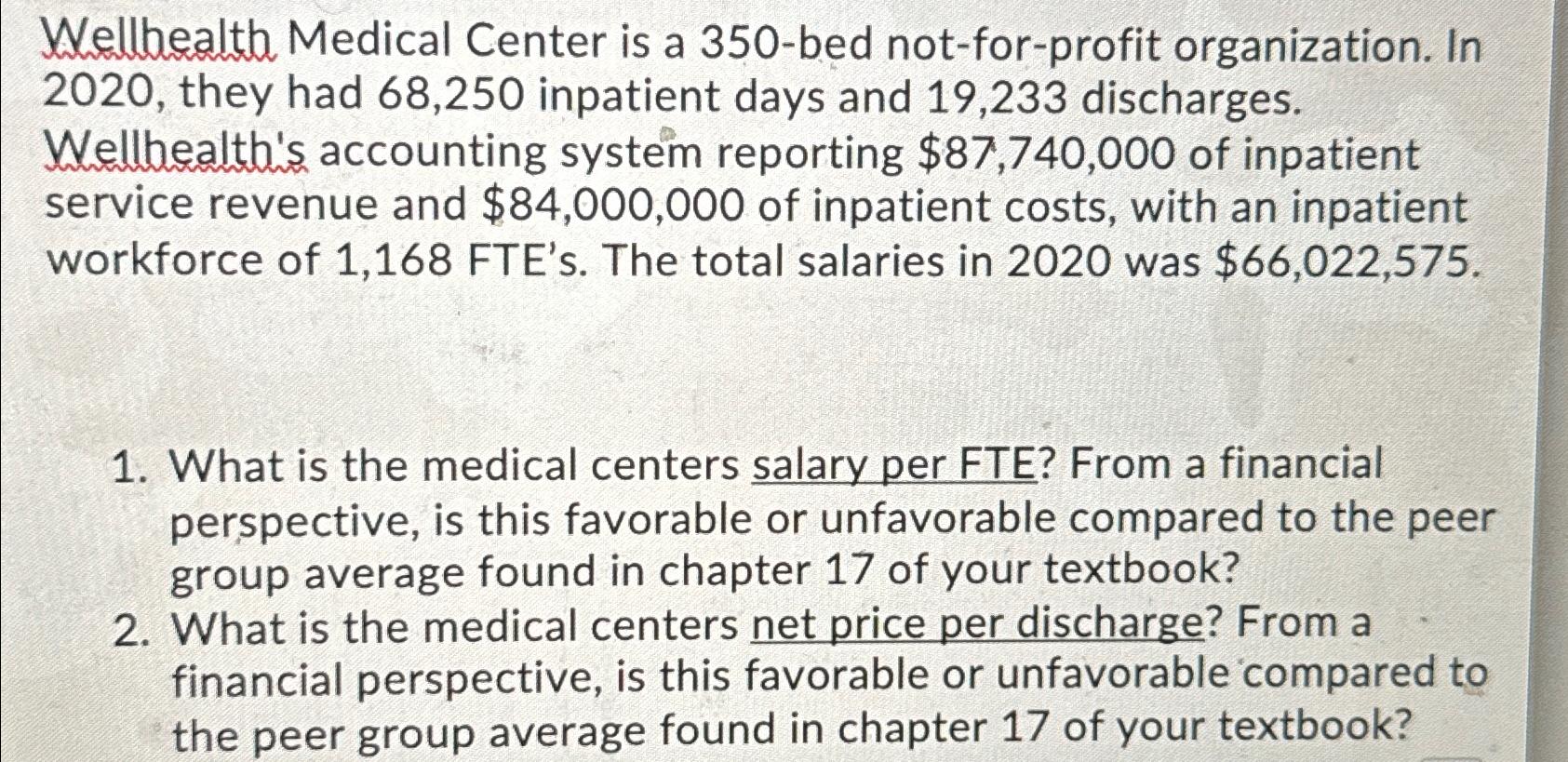 Solved Wellhealth Medical Center is a 350-bed not-for-profit | Chegg.com