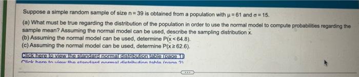 Solved Suppose a simple random sample of size n=39 is | Chegg.com