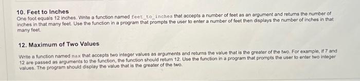 Solved 10. Feet to Inches One foot equals 12 inches. Write a | Chegg.com