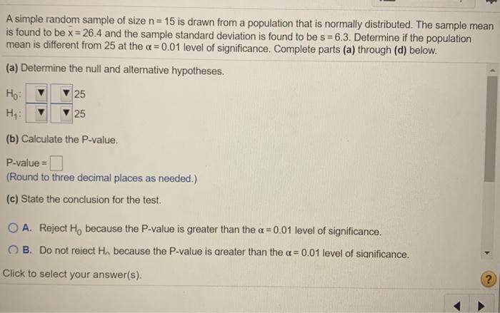 Solved A simple random sample of size n= 15 is drawn from a | Chegg.com