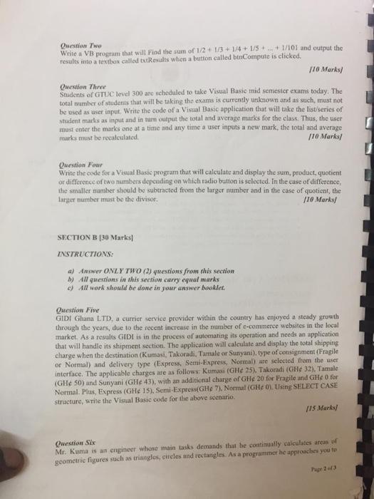 Solved Question Two 1/101 and output the Write a VB program | Chegg.com