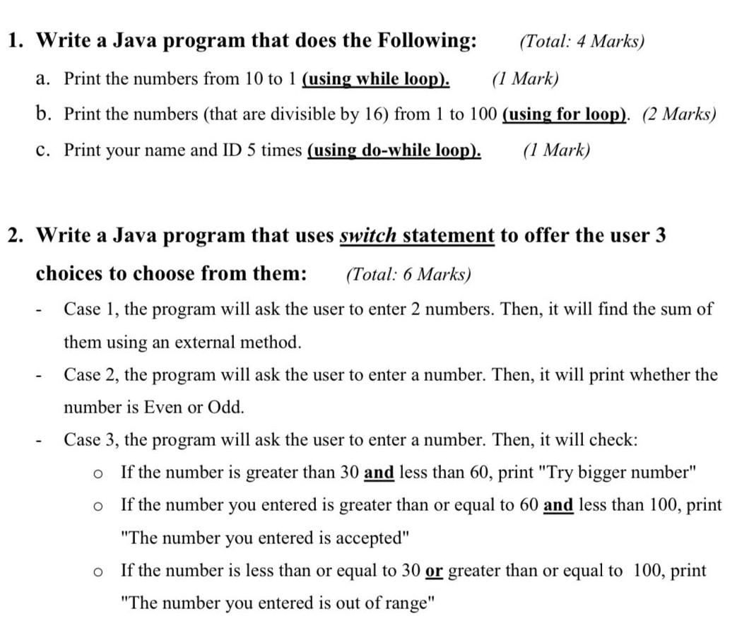 Solved 1. Write a Java program that does the following: | Chegg.com
