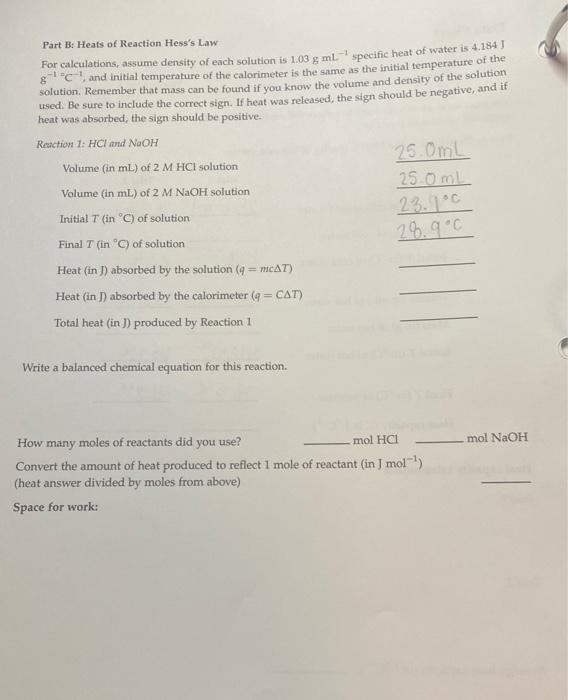 Solved Part B Heats of Reaction Hess's Law For