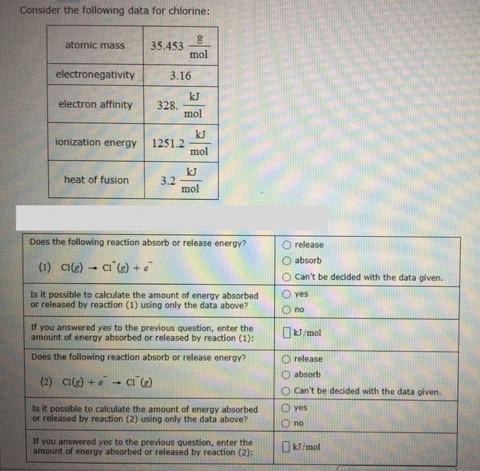 Solved Consider the following data for chlorine atomic mass