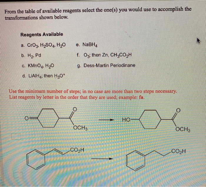 Solved From the table of available reagents select the