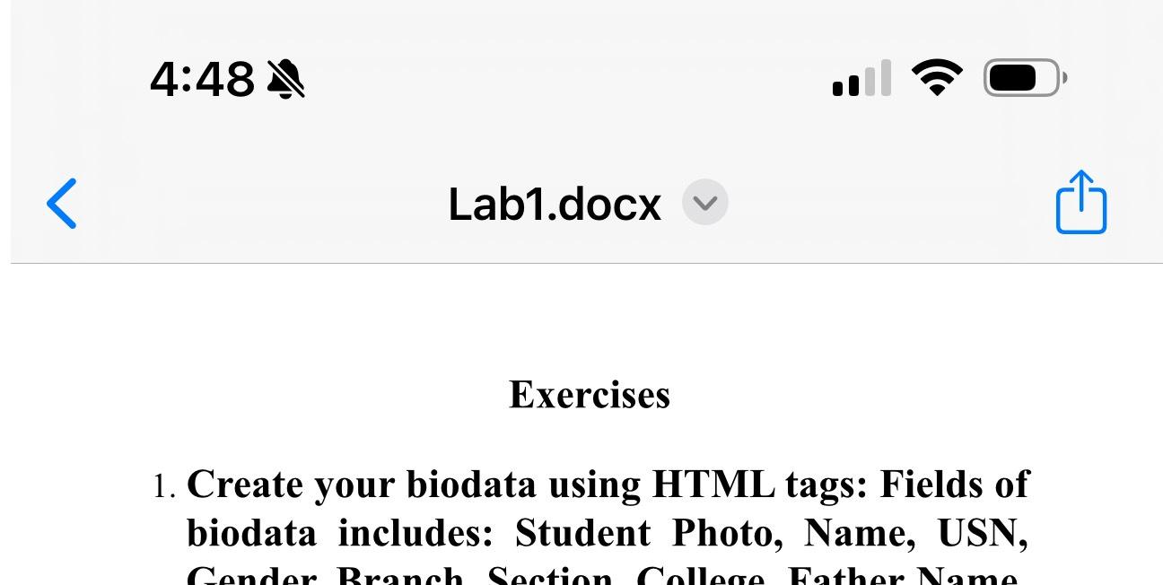 Solved 4:48Lab1.docxExercisesCreate your biodata using HTML | Chegg.com
