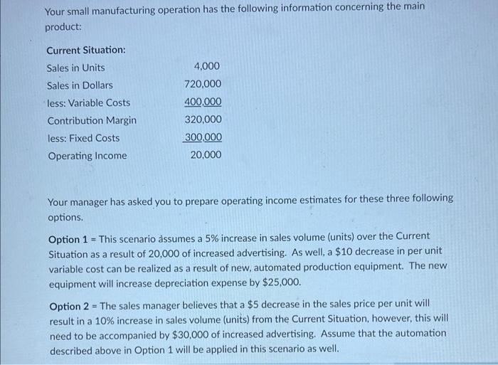 Solved Your Small Manufacturing Operation Has The Following | Chegg.com