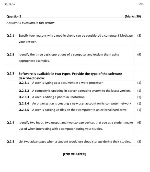 Solved 22;23;24 2023 Question 2 (Marks: 30) Answer All | Chegg.com