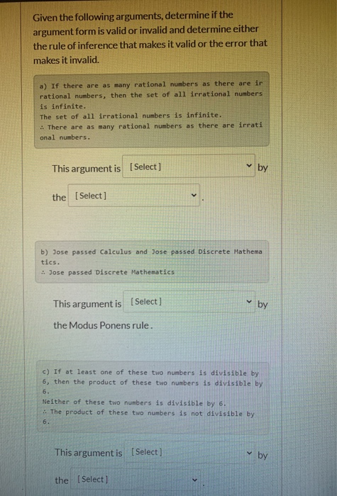 Solved Given The Following Arguments, Determine If The | Chegg.com