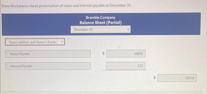 Show the balance sheet presentation of notes and interest payable at December 31 .