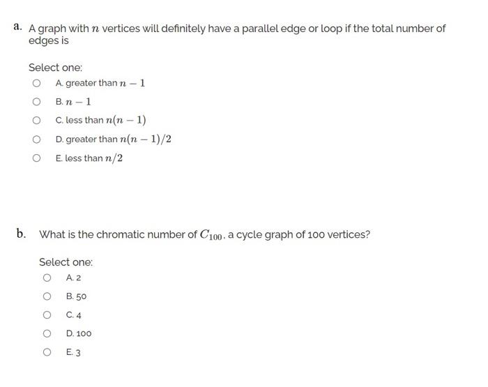 Solved a. A graph with n vertices will definitely have a | Chegg.com