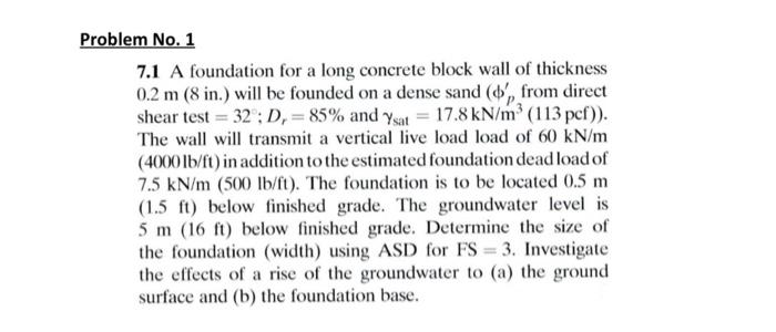Solved Problem No. 1 7.1 A foundation for a long concrete | Chegg.com