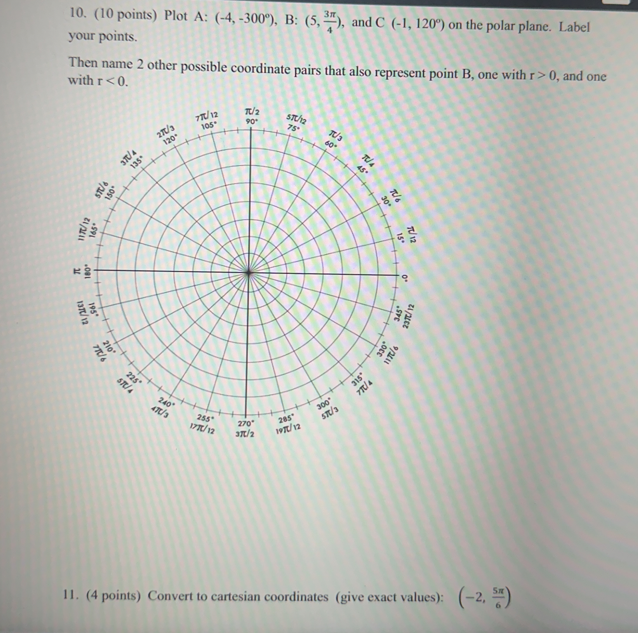 Solved (10 ﻿points) ﻿Plot A: (-4,-300°) ﻿B: (5,3π4), ﻿and | Chegg.com