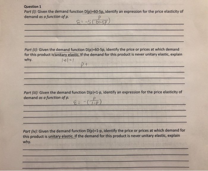 Solved Question 1 Part I Given The Demand Function D P Chegg Com