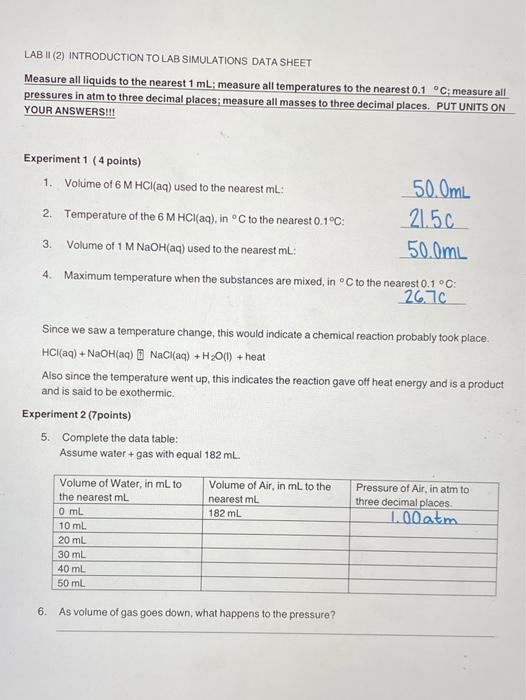 Solved LAB II (2) INTRODUCTION TO LAB SIMULATIONS DATA SHEET