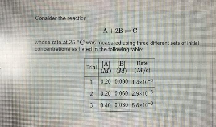 Solved Consider the reaction A + 2BC whose rate at 25°C was | Chegg.com
