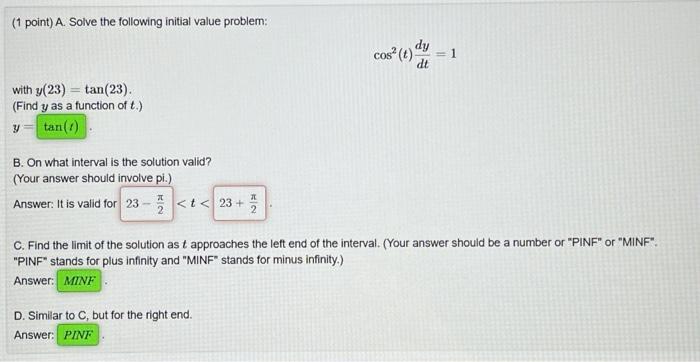Solved (1 point) A. Solve the following initial value | Chegg.com
