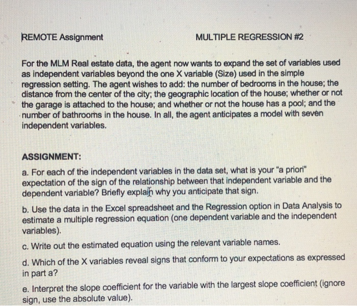 REMOTE Assignment MULTIPLE REGRESSION #2 For the MLM | Chegg.com