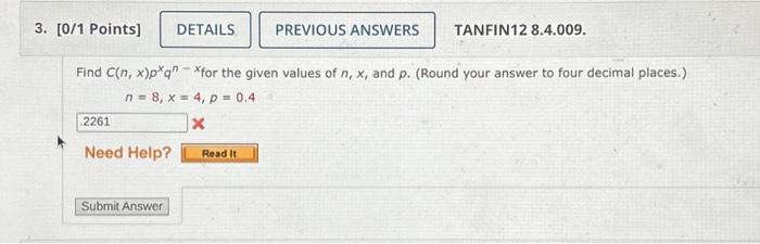 Solved 3. [0/1 Points] .2261 Need Help? DETAILS Find | Chegg.com