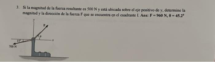 3. Si la magnitud de la fuerza resultante es \( 500 \mathrm{~N} \) y está ubicada sobre el eje positivo de y, determine la ma