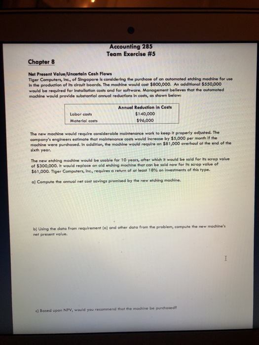Solved Accounting 285 Team Exercise #5 Chapter 8 Net Present | Chegg.com