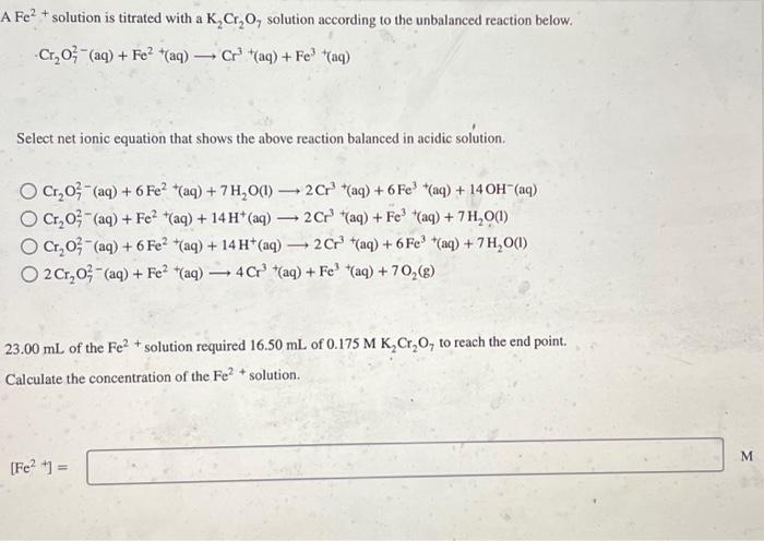 Solved AFe2+ solution is titrated with a K2Cr2O7 solution | Chegg.com